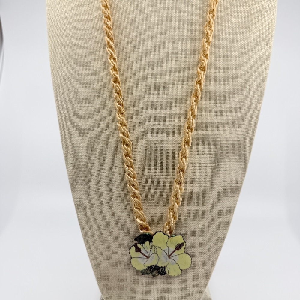 Vintage Cloisonne Hibiscus Flower Necklace with Silk Cord Boho Charm - Picture 4 of 9